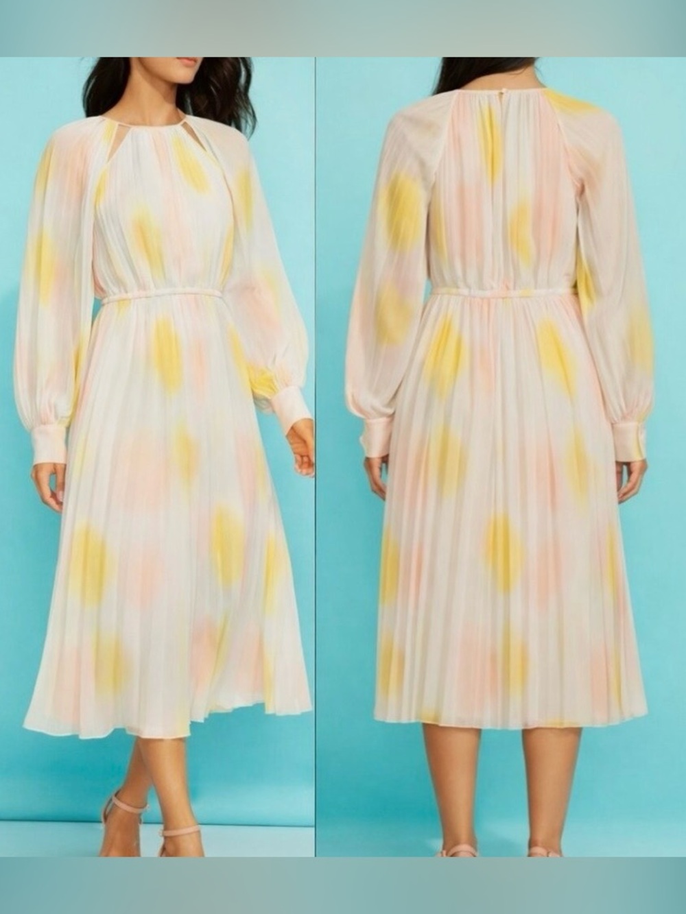Gibson Latimer Pastel Watercolor Pleated Blouson Midi Dress L